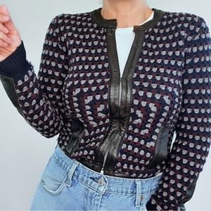 Vintage JIGSAW Leather and Wool Knit Cardigan Sweater